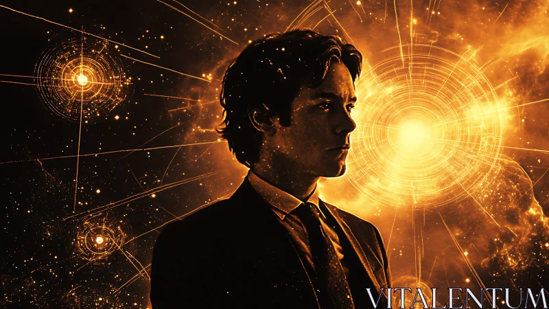 Silhouetted businessman against radiant cosmic data vortex