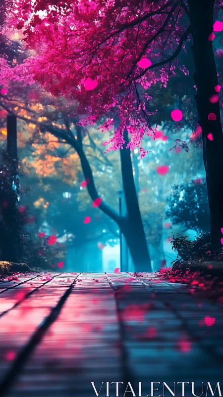 Neon dusk pathway under vivid pink blossom canopy.