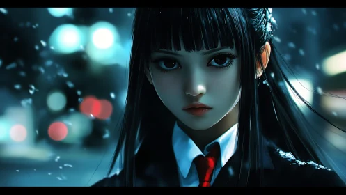 Midnight city snowfall frames a calm, determined schoolgirl