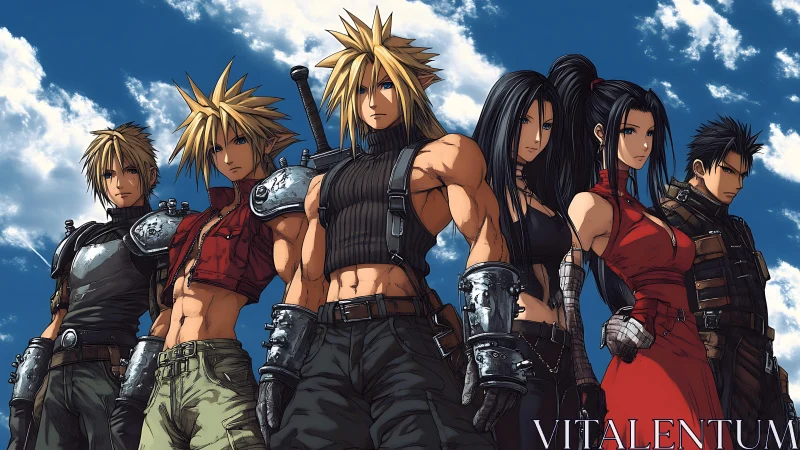 Heroic anime squad under expansive dynamic sky backdrop.