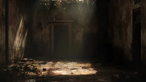 Sunlit doorway illuminates decayed, overgrown interior ruin.