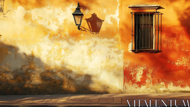 Street wall shows weathered plaster, lamp and barred window