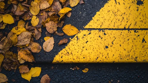 Fallen leaves quietly argue with a cracked yellow street arrow