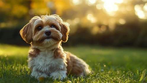 Gentle little dog enjoys golden evening light in the park
