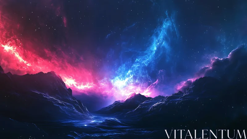 Cosmic mountain valley under radiant nebula skies.