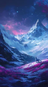 Digital painting of lone wolf in neon alpine valley at night.