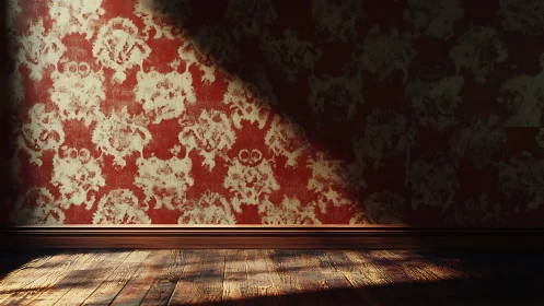Sunlit worn red wallpaper meets aged wooden floor