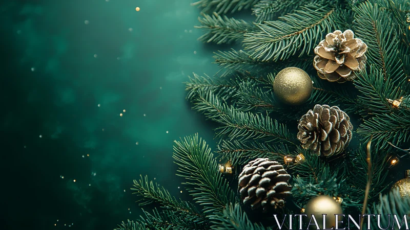 Snow-dusted pinecones and gold ornaments celebrate winter calm.