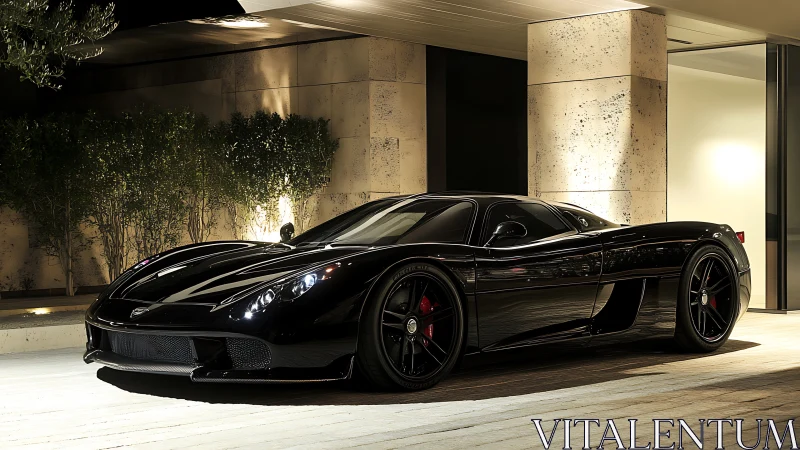 Midnight black supercar glowing under soft city lights.