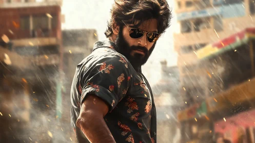 Street-scorched rebel in floral shirt and burning sunlight.