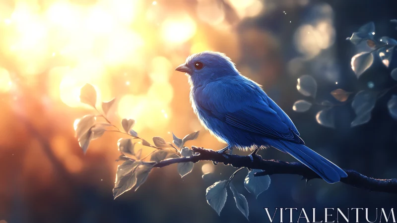 Blue songbird on branch at sunrise, dreamy digital art style.