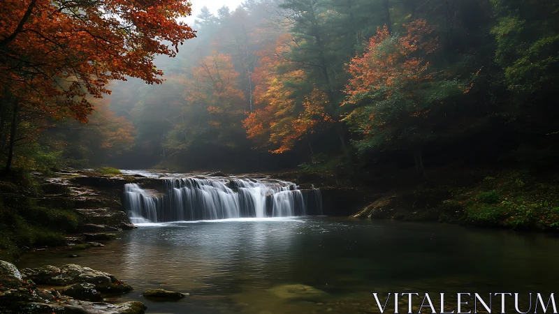 Small tiered waterfall in forested river during autumn dusk.