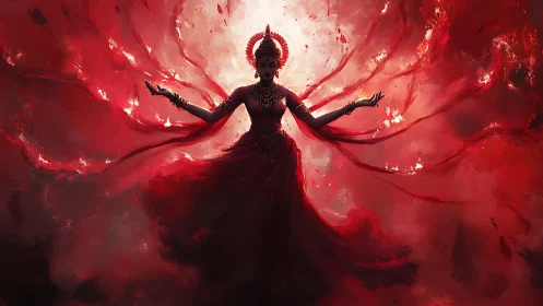 Silhouetted goddess figure stands in swirling red energy field