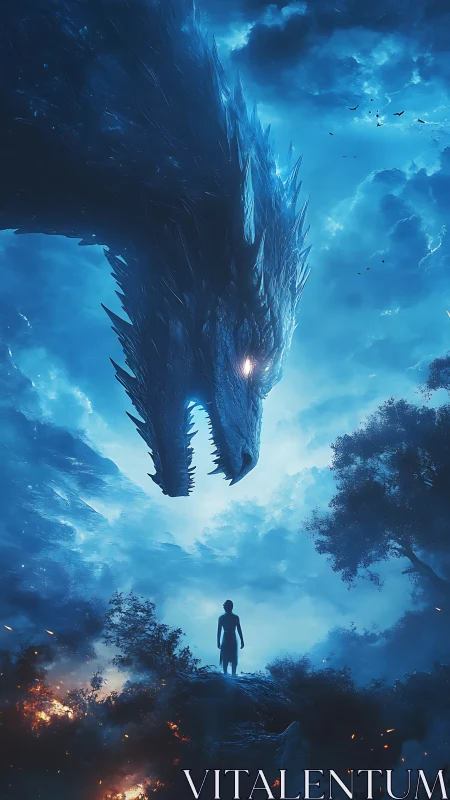 Brave wanderer meets a thunderous sky dragon at dusk.