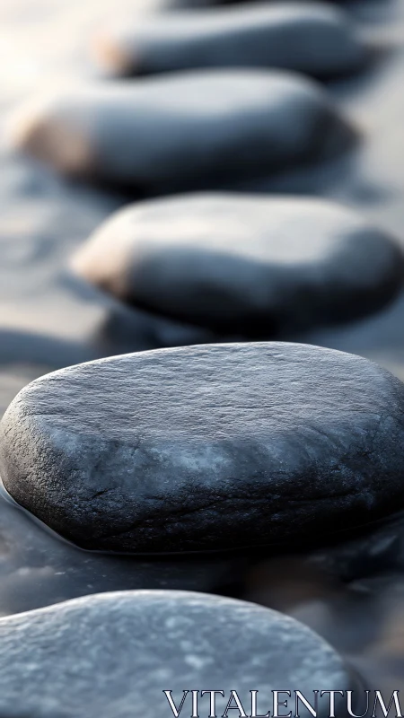Wet river stones rendered in shallow depth of field study