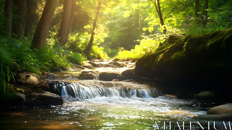 Forest Stream Cascade with Luminous Foliage Canopy and Long-Exposure Water Motion