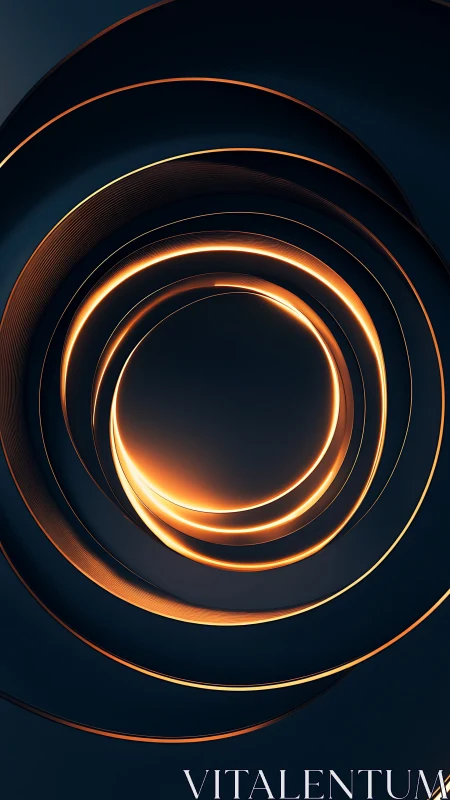 Luminous copper rings spiraling through deep navy void.
