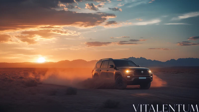 Off-road SUV drifts through desert dust under high-contrast sunset