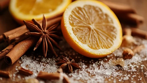 Sliced lemon rests among cinnamon sticks and star anise