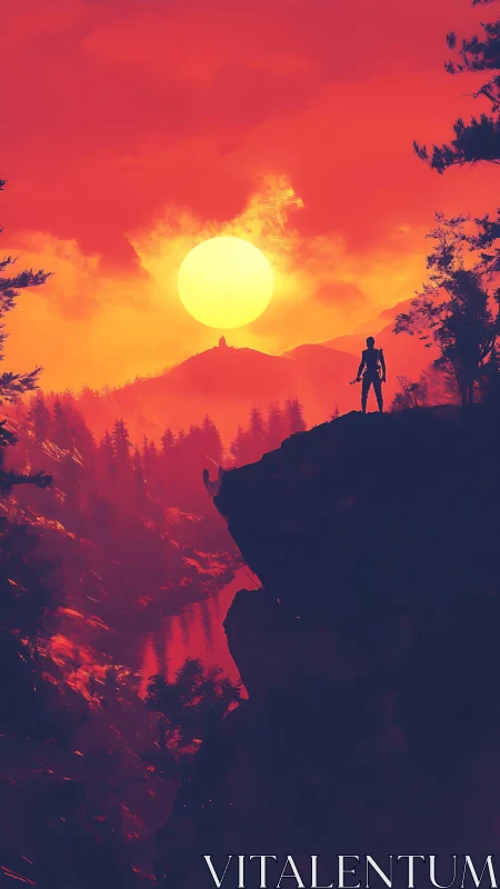 Silhouetted figure on cliff against large sun over forest.