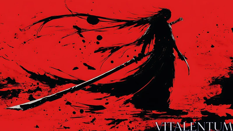 Silhouetted samurai wields katana across stark red void