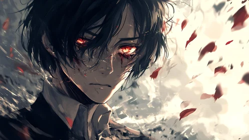 Brooding anime boy with burning eyes amid swirling petals