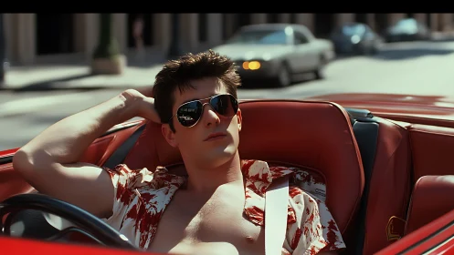Sunlit driver relaxes confidently in a red convertible ride