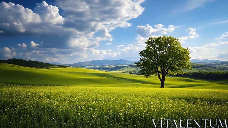 Solitary deciduous tree on rolling canola fields under cumulus sky