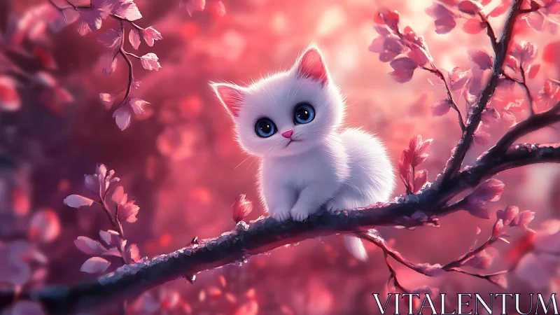 Adorable White Kitten Perched Among Rosy Spring Blossoms.