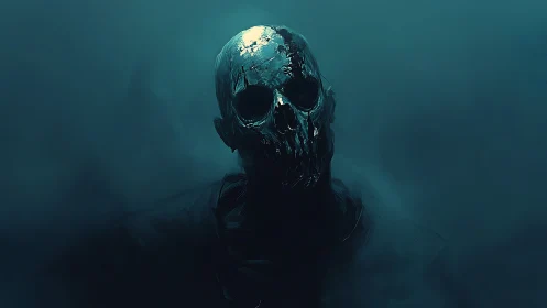 Shadowed skull figure rises from teal mist in eerie calm