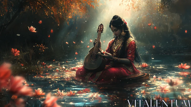 Gentle river goddess with lute amid drifting lotus petals.