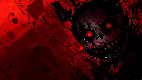 Nightmare creature with glowing eyes in a swirling red haze.