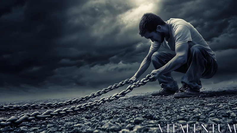 Stormlit struggler gripping heavy chains on broken ground.