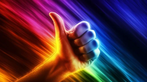 Human hand thumbs-up gesture amid diagonal color streaks.