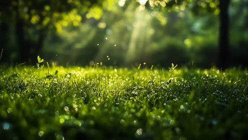 Morning sunbeams illuminate dew-covered grass in forest clearing