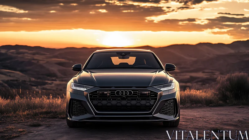 Sunset-backed sports sedan stands poised like asphalt thunder