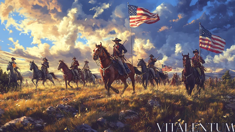 Cavalry column with US flags under dynamic storm-lit sky.