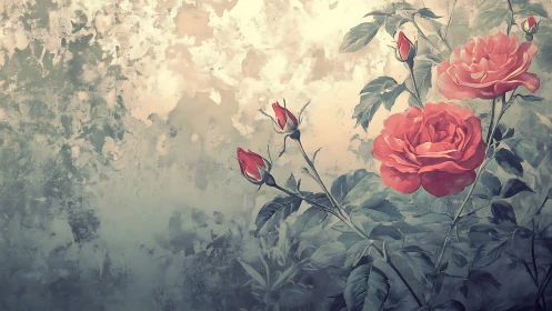 Beautiful Red Roses Bloom Against Weathered Vintage Walls