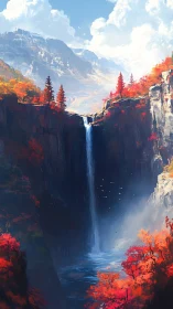 Autumn canyon waterfall beneath towering sunlit mountains.
