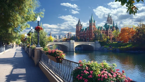 Riverside castle promenade under bright blue city skies.