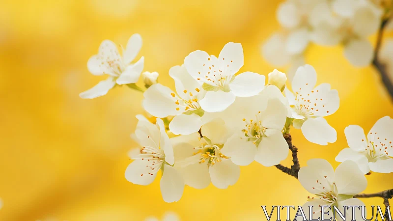 White blossoms photographed against yellow background with detailed stamen visibility.