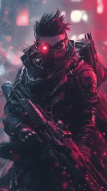 Augmented urban marksman with neon infrared optics deployed.