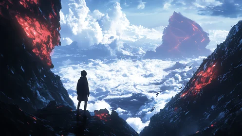 Lone figure overlooking molten cliffs above luminous clouds.