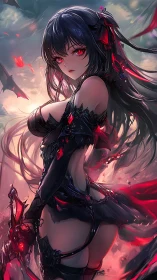 Dark-haired anime figure with red accents in fantasy armor.