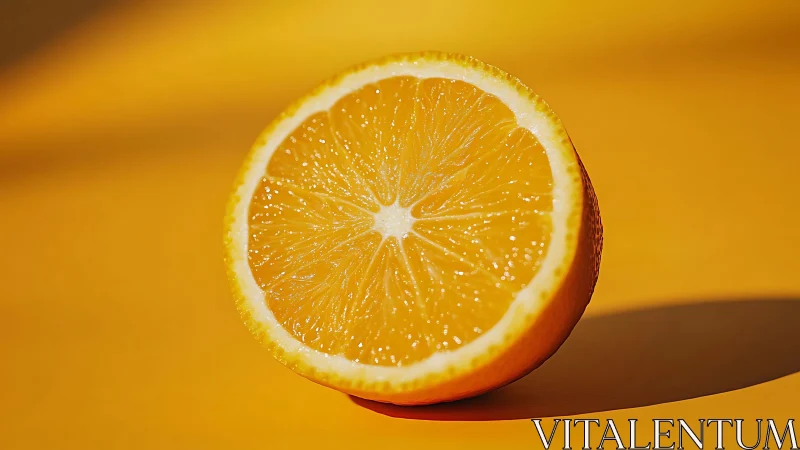 Cross-section of orange half on monochrome yellow ground.