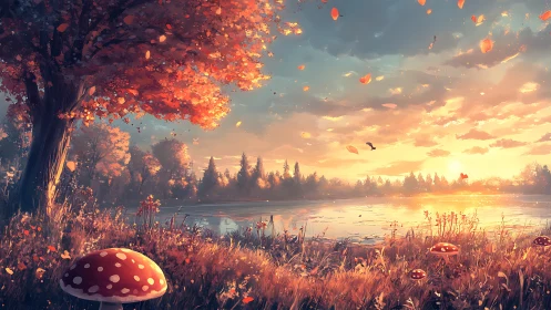 Autumn woodland lake with mushrooms at low sunset light.