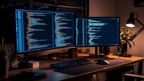 Dual-monitor software engineering workstation in nocturnal operation.