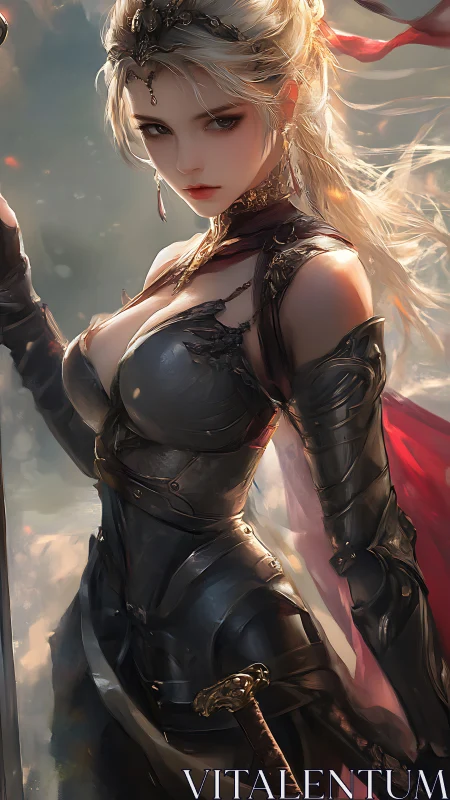 Silver-haired battle sorceress in ornate gothic armor poised.