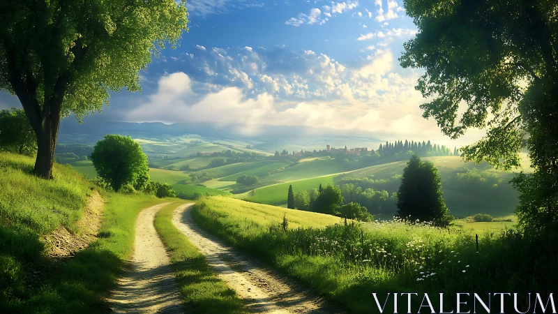 Sunlit country road curls toward a dreamlike hillside village