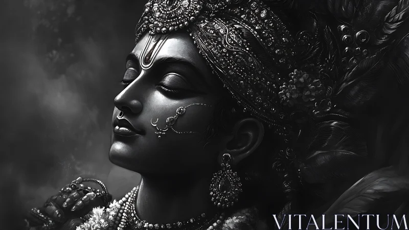 Monochromatic divine portrait renders jeweled profile in relief